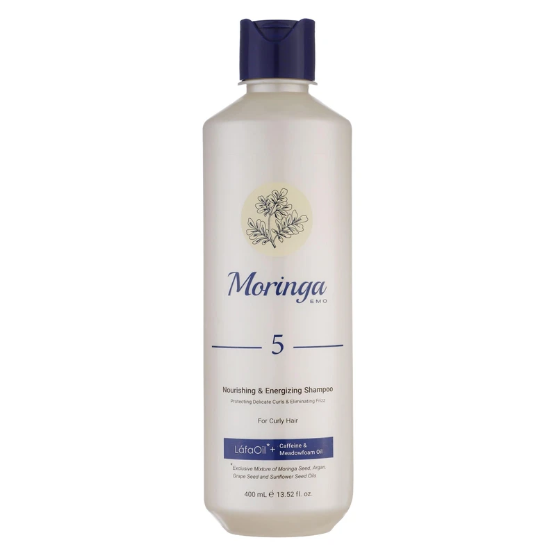 شامپو تقویت‌کننده مو مورینگا امو شماره 05، مناسب موهای مجعد و فر، حجم 400 میلی‌لیتر